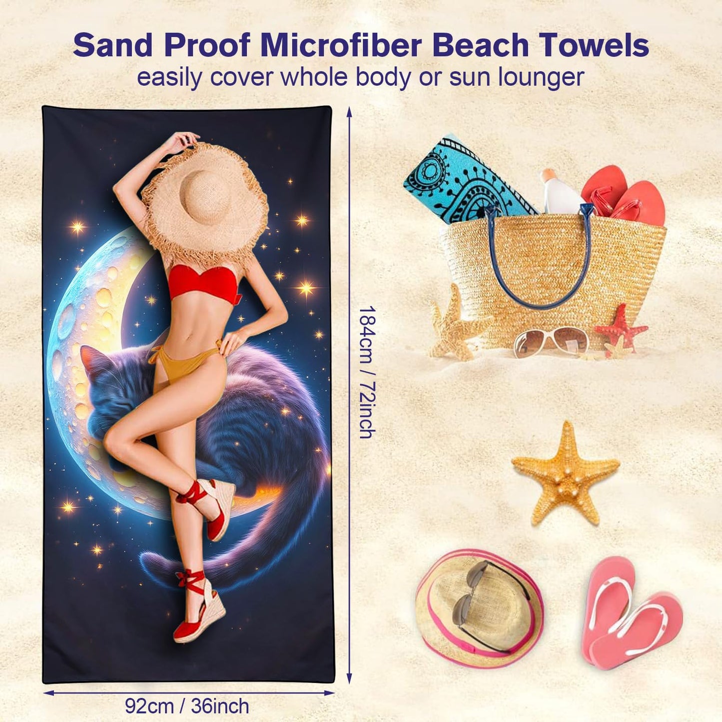 Violetpos Starry Moon Grey Cat Beach Towel for Kitty Lovers, Extra Large 180x90 cm 250GSM Microfibre, Sand Free Quick Dry