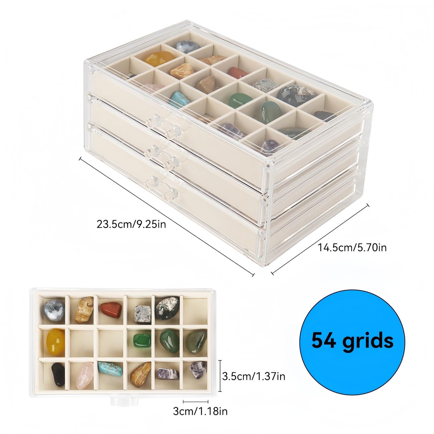 Dmnnlp Rock Display Case, 3 Drawers 54 Grids Rock Collection Box, Storage Cases for Gemstone Fossil Crystal Stone Jewellery (Beige)