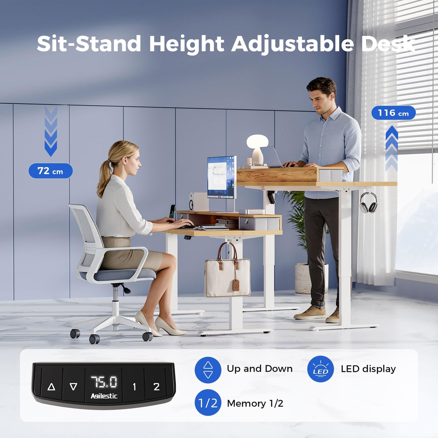 Agilestic Electric Adjustable Height Desk, with 2 Fabric Drawers, 100x60cm