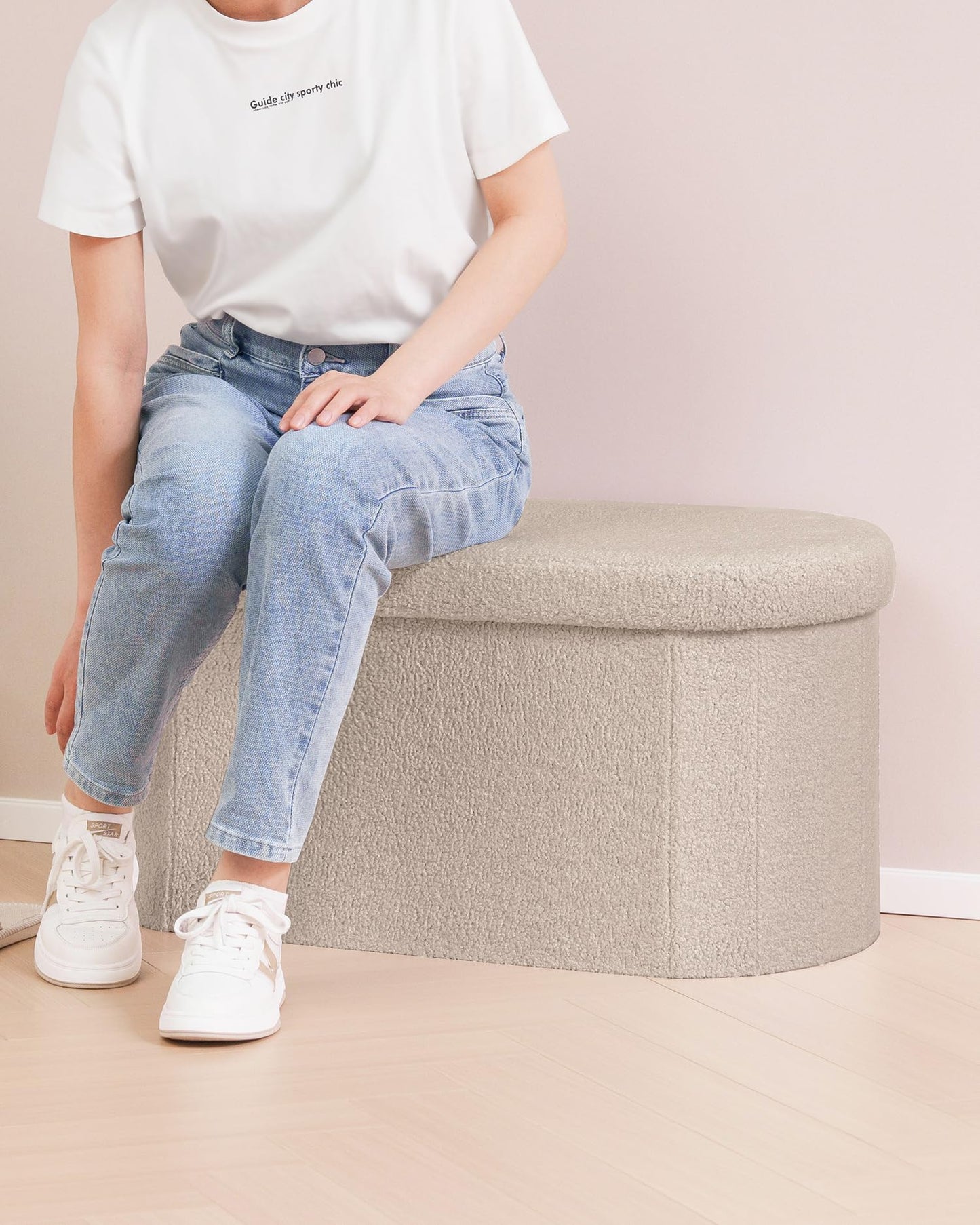 Bonlife Folding Ottoman Storage Bench, Boucle Footstool Oval, End of Bed Stool, 90L Storage Space, Ideal for Living Room, Bedroom, 76x38x38cm, Beige