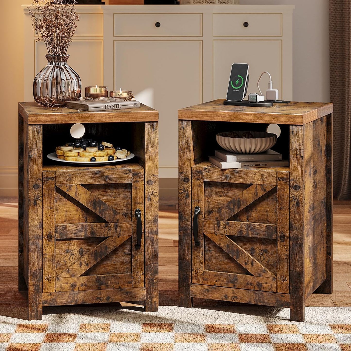 oneinmil Bedside Table with Charging Station, Farmhouse Sofa Side Table Set of 2 with Storage Cabinet, Bed Side End Table with USB