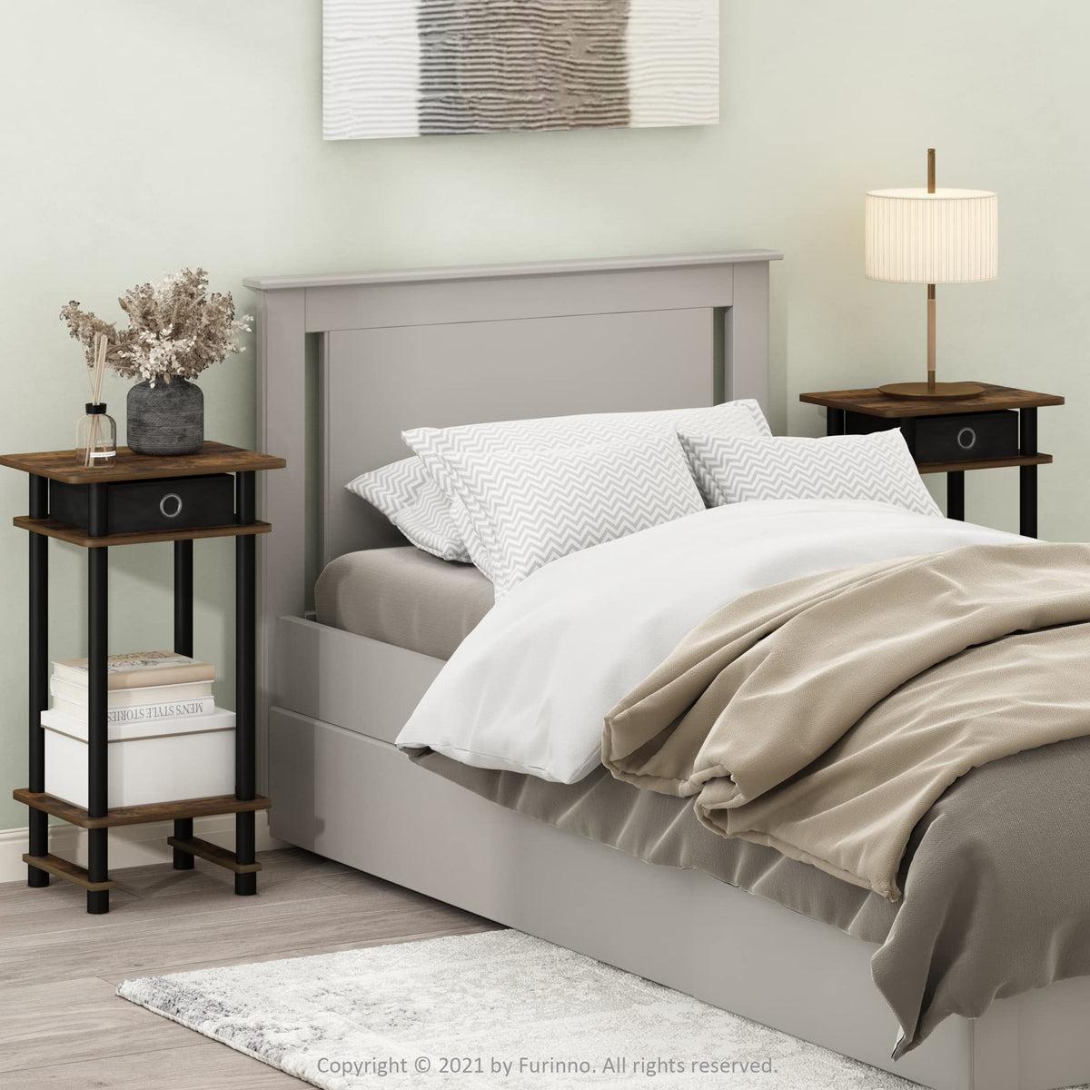 Furinno TURN-N-TUBE Side Table Set of 2, 3-Tier End Table with Storage Bin, Open Shelf Night Stand, Bedside Table, for Living Room, Bedroom