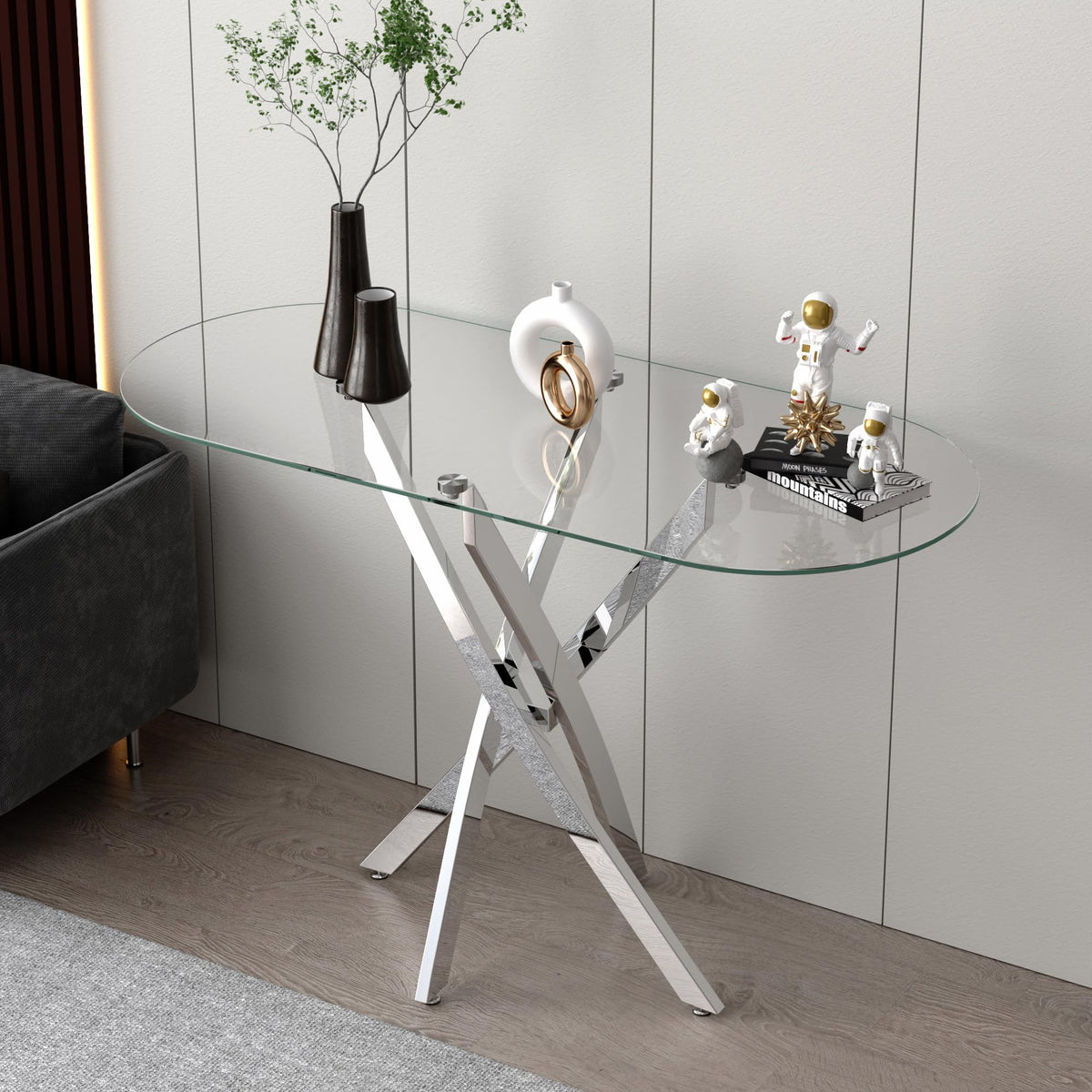 GOLDFAN Glass Console Table Modern Contemporary Style Hallway Table with Chrome Tubular Legs Foyer Table for Entryway, Living Room, Office
