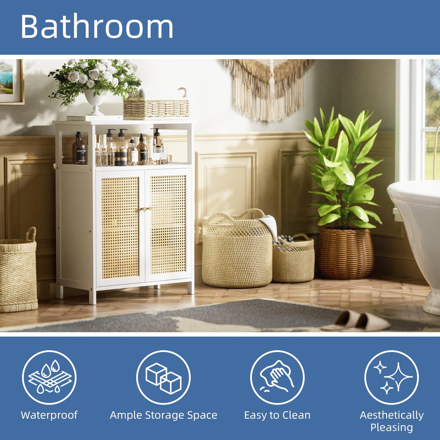 HITNET Bamboo Cabinet, Bathroom Storage Cabinet with Rattan Doors, Freestanding Floor Cupboard for Living Room, Hallway, Entryway, White