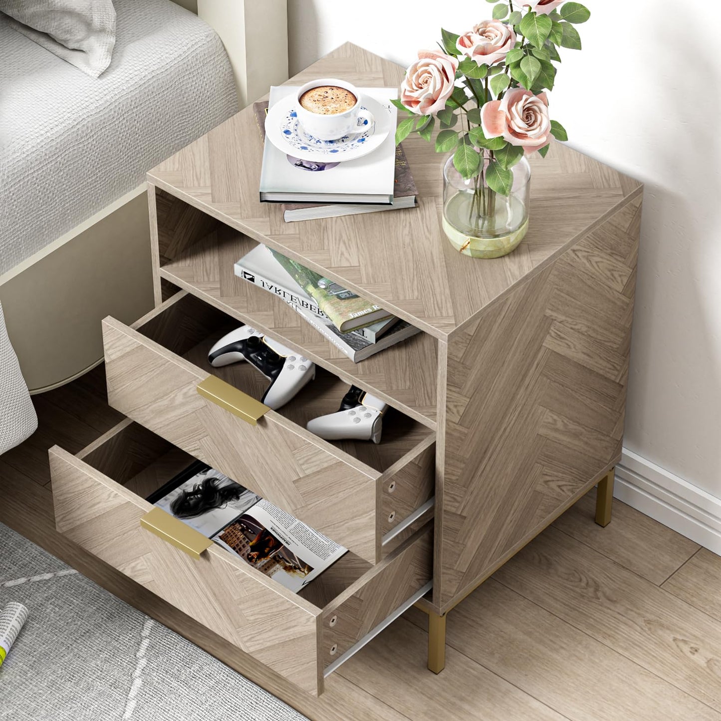 Skokliz Bedside Table with2 Drawers and Storage Shelf, Nigntstand for Bedroom, Wood End Table for Living Room, Small spaces, oak