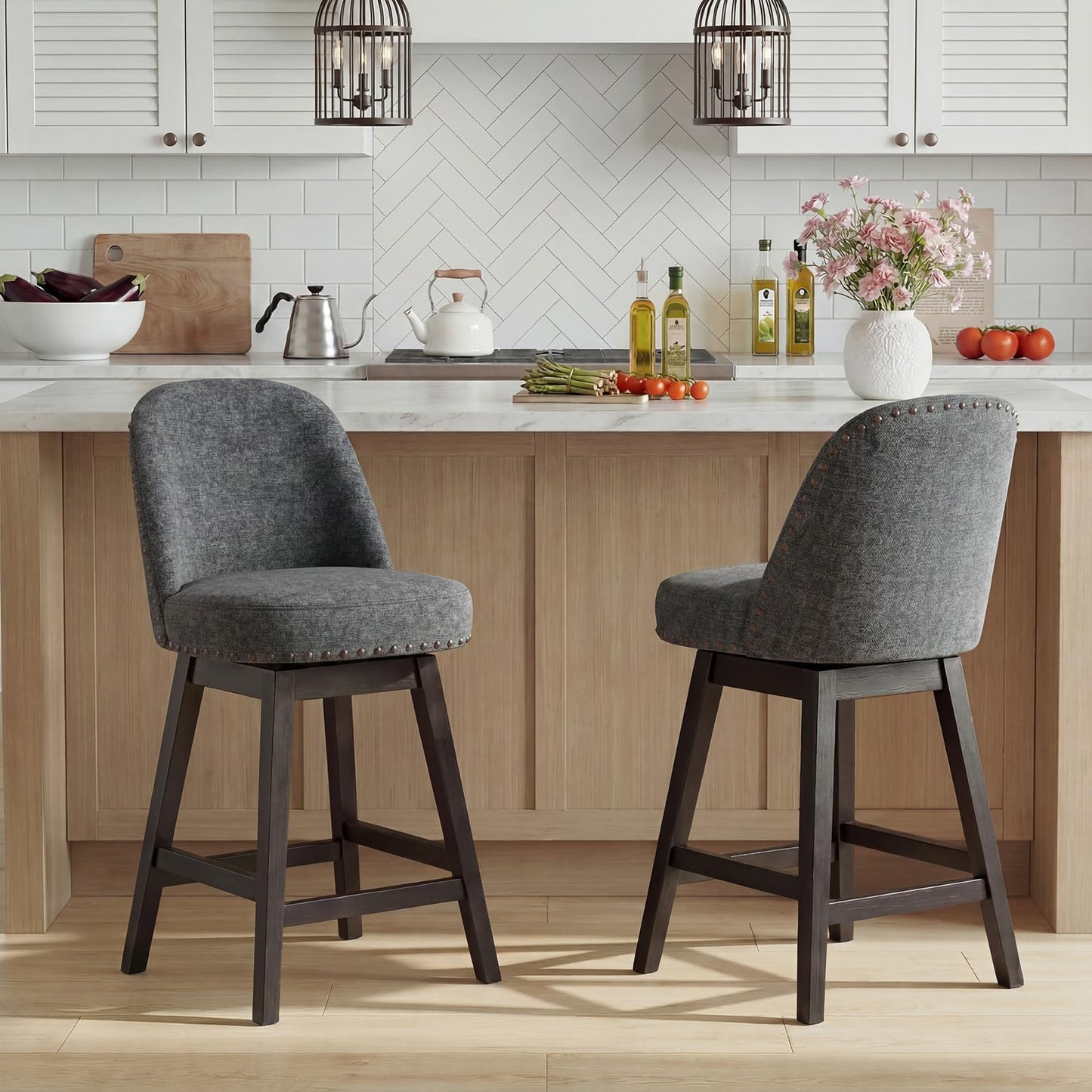 Bar Stools Set of 2, 360° Swivel Counter Stools with Upholstered Seat, Wooden Frame & Nailhead Trim