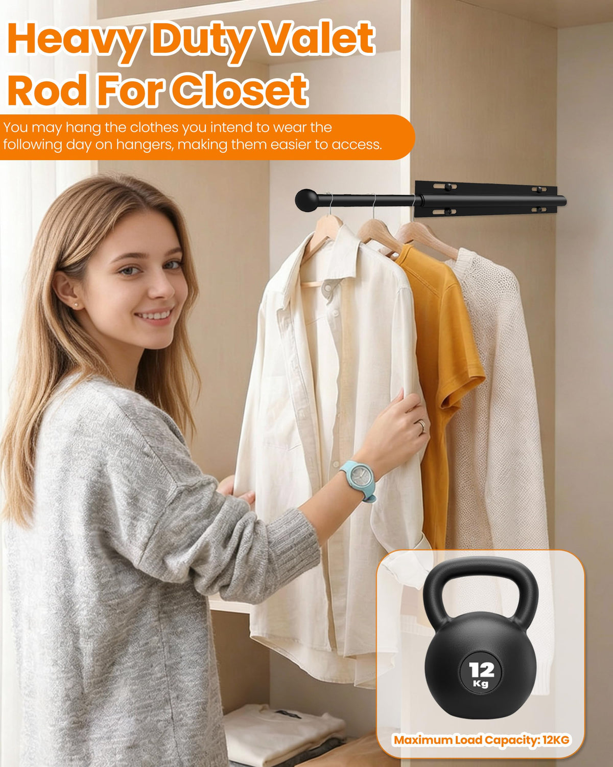 Widyana Telescopic Wardrobe Rail | Extendable Valet Rod for Clothes 12” | Adjustable Pull-Out Hanging Rail for Suits & Next-Day Outfits, Black