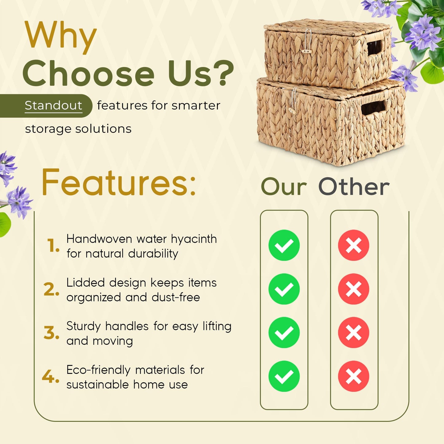 MOOKOMI set of 2 wicker basket with lid - water hyacinth storage baskets, woven basket with lid for organizing
