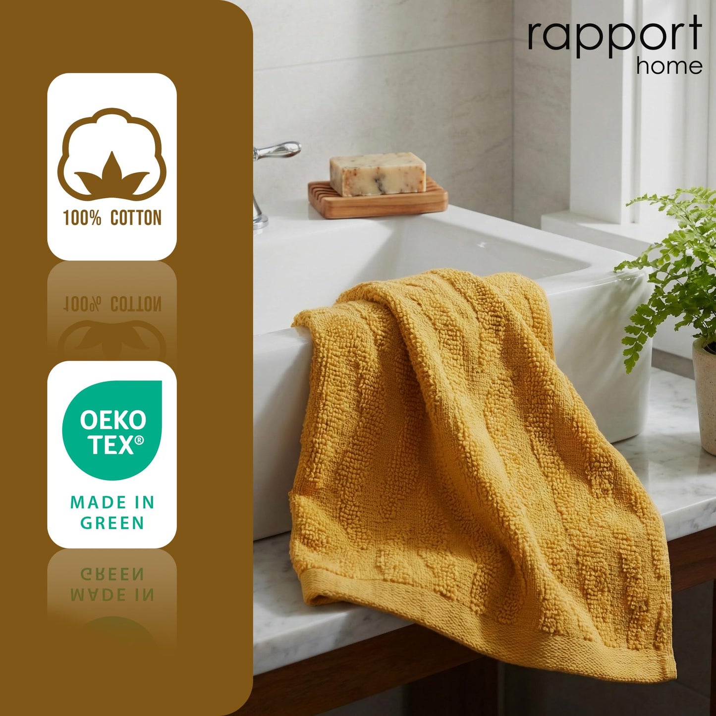 Rapport Home 2-Pack Safari Hand Towels | Mustard Yellow | 50x85cm 100% Cotton 500GSM | Absorbent & Soft Bathroom Towel Set | Oeko-Tex Certified