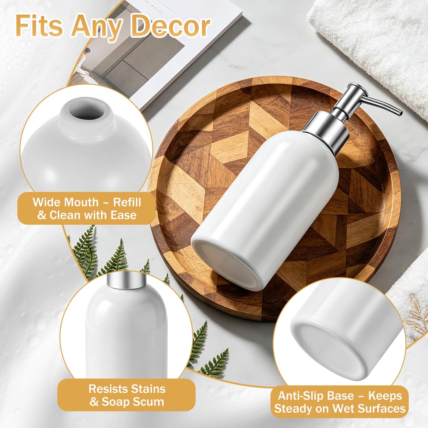 Hejo 350ml Ceramic Soap Dispenser with Matte Silver Pump, Refillable Liquid Hand Wash Soap Dispenser for Laundry Room, Bathroom & Kitchen(White)
