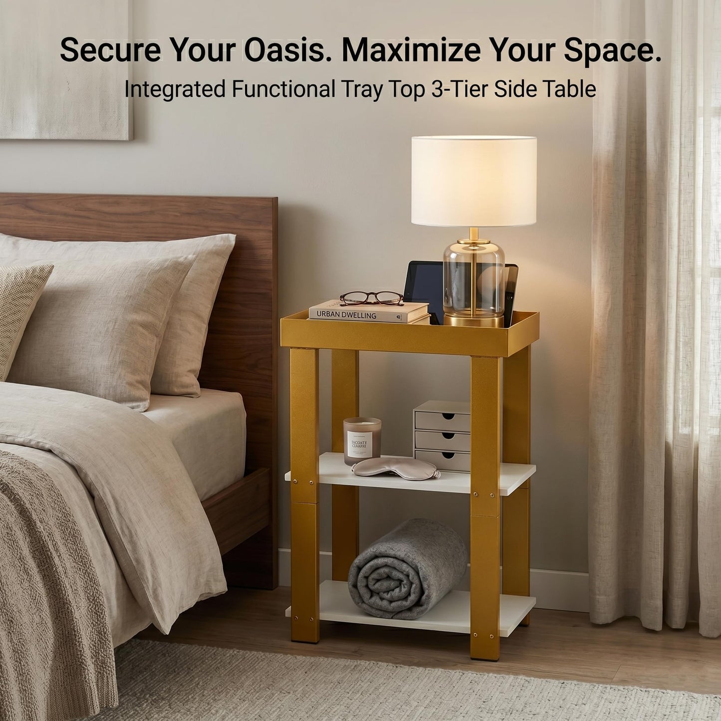 ZEXVIDA 3-Tier Narrow Side Table with Tray Top, Slim Side Table, White&Gold