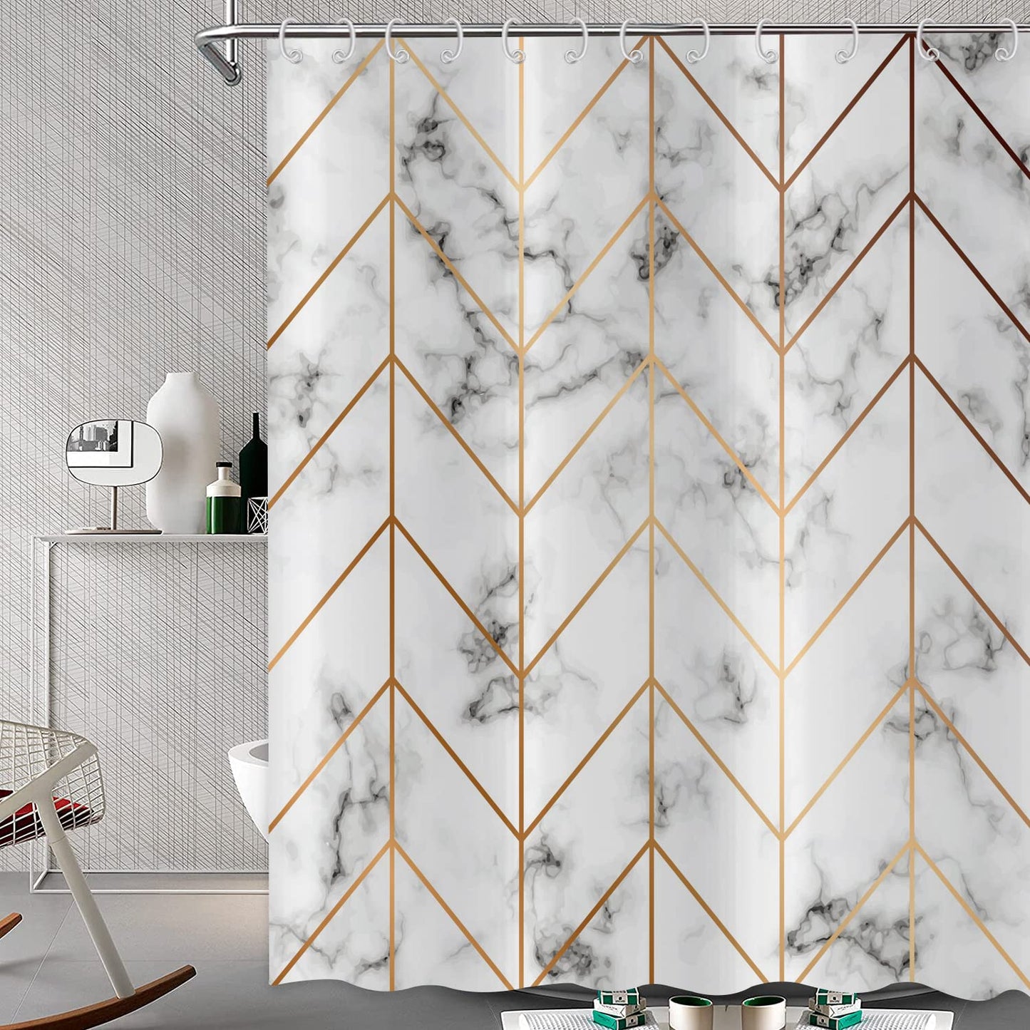 Hnmdmyi Marble Shower Curtain 180x180, Grey and White Shower Curtains Gold Geometric Line Abstract Modern Luxury Art Bathroom Curtains Waterproof