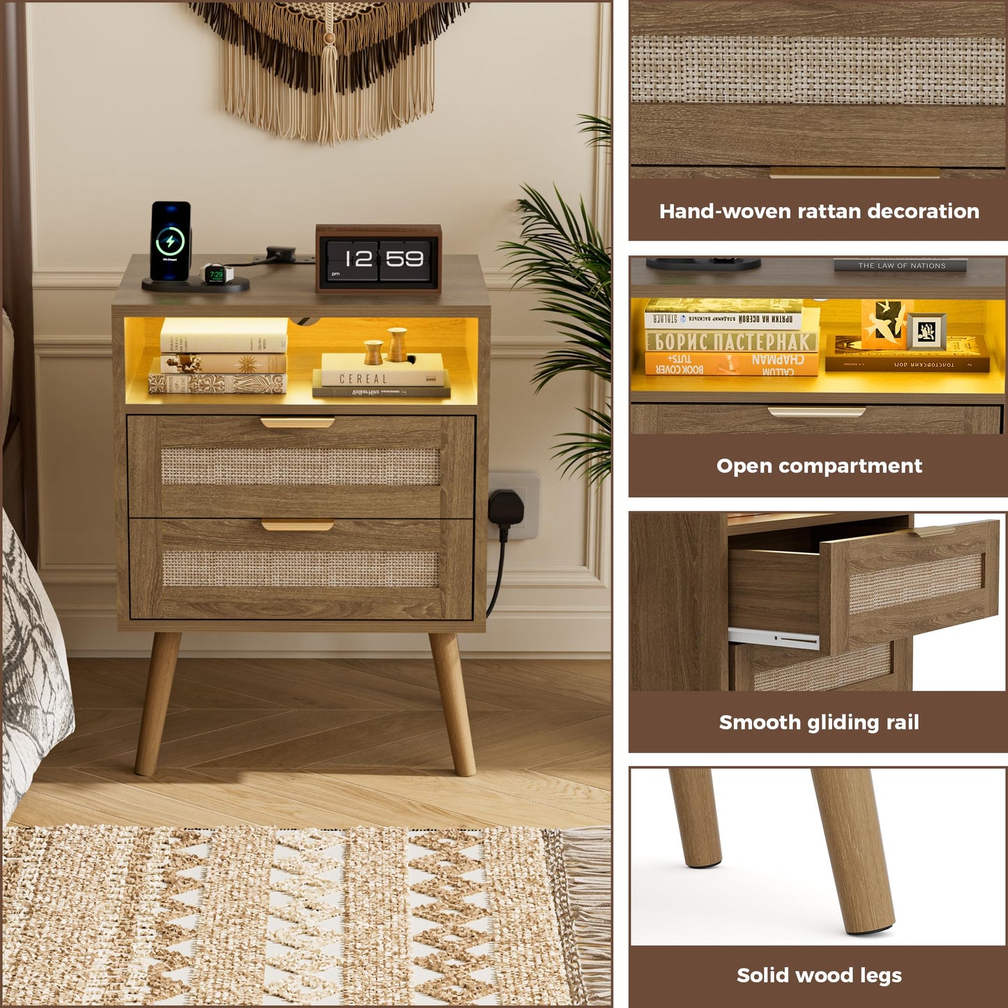 BonVache Bedside Tables Set of 2, Adjustable Lighting, Nightstand with LED Lights and Charging Station, Open Compartment and 2 Rattan Drawers