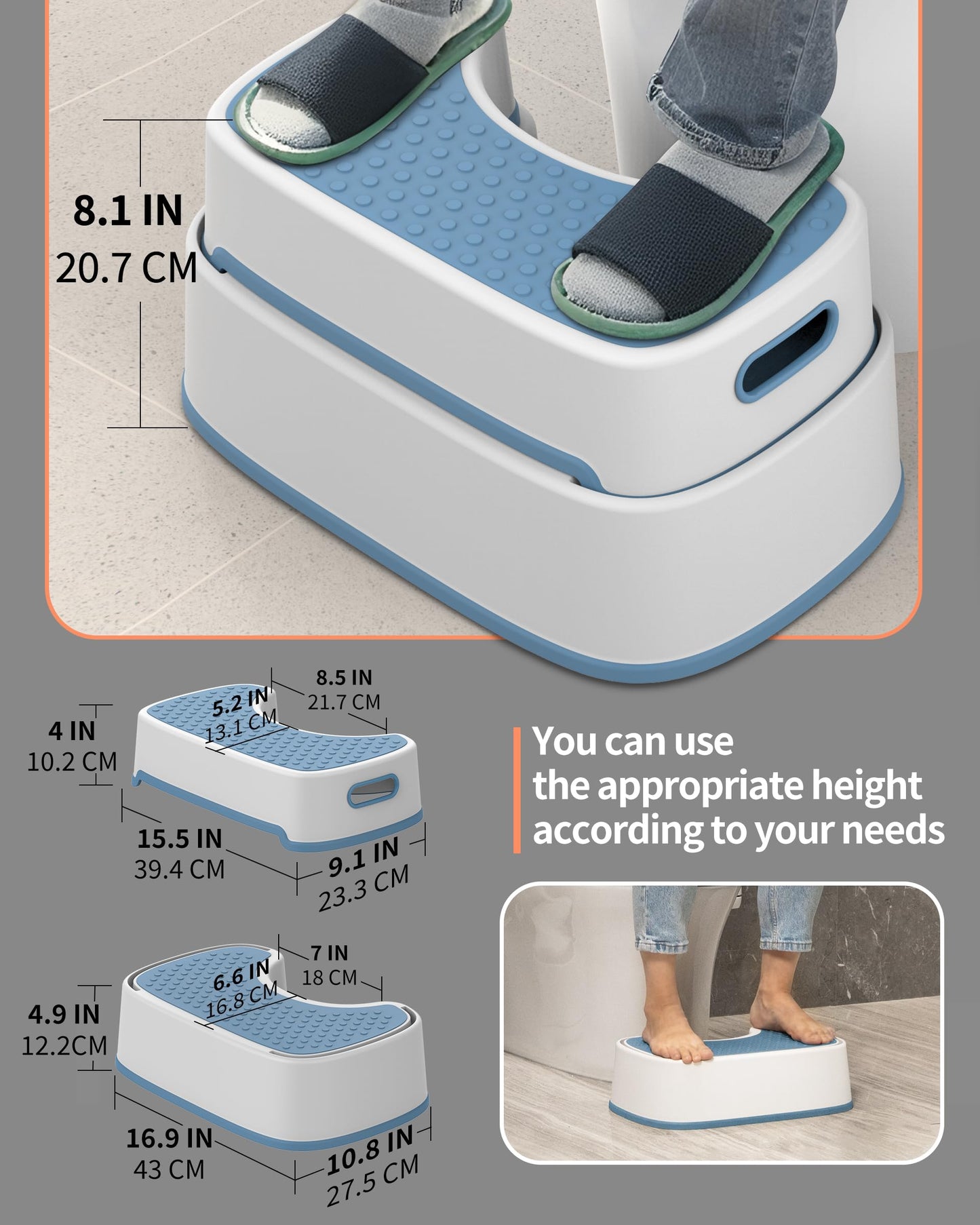 MR.SIGA Toilet Stool Squat Adult Bathroom Foot Stool, White & greyish Blue