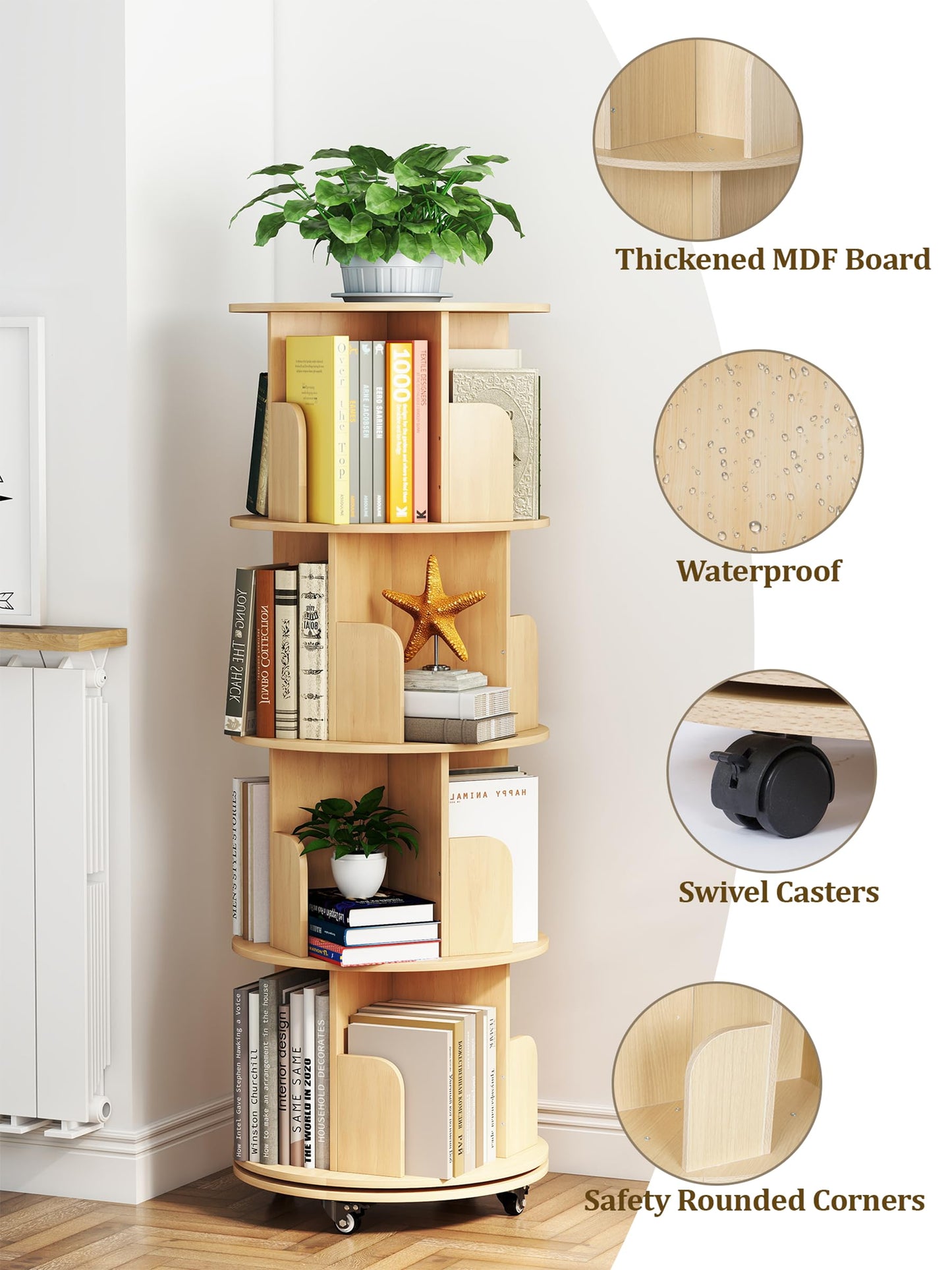 yeshine 4-Tier 360° Removable Rotating Bookshelf Kids