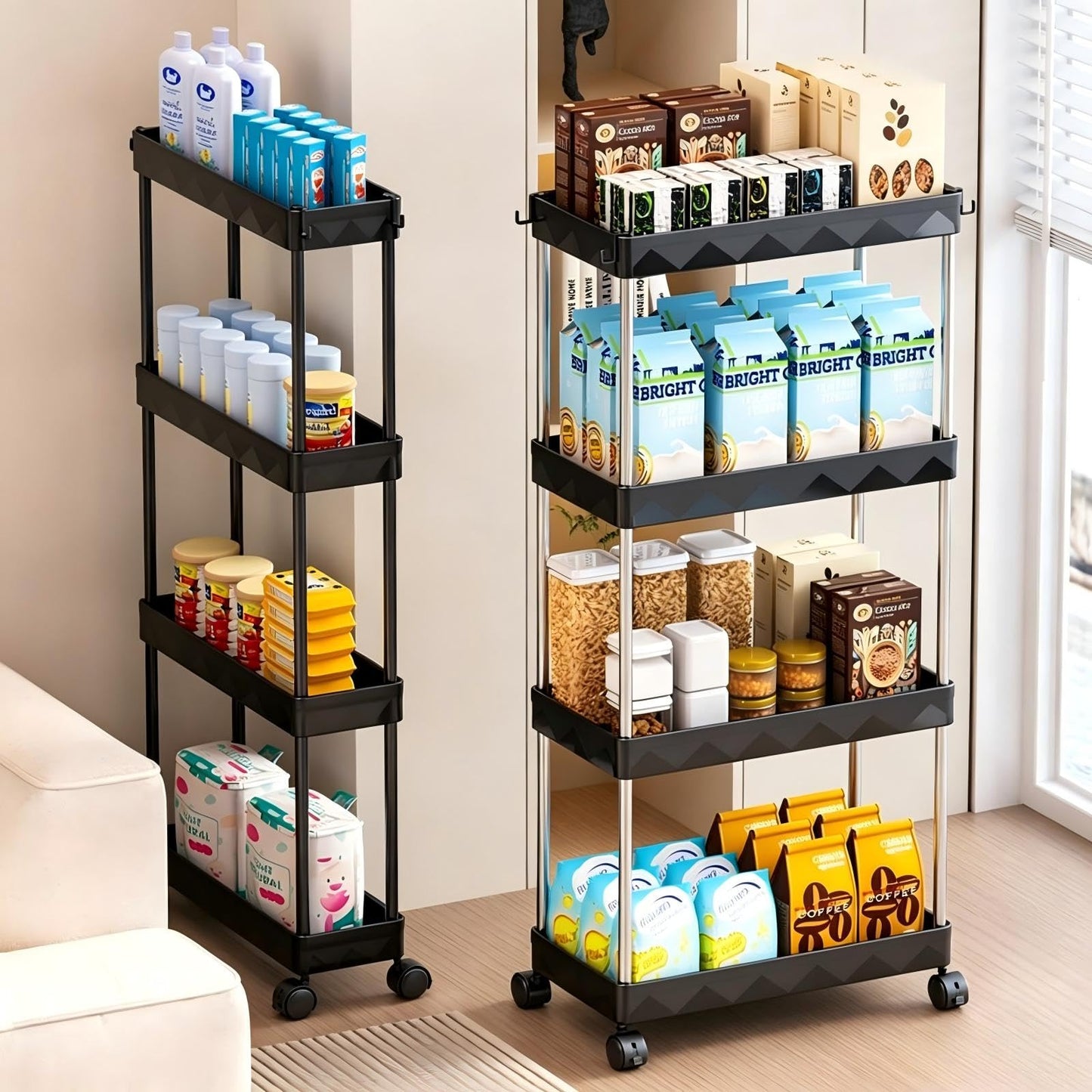 Multibao 4 Tier Slim Slide Out Kitchen Trolley Rack Holder Storage Shelf Organiser with Wheels for Small Spaces Bathroom Kitchen Laundryroom Bedroom