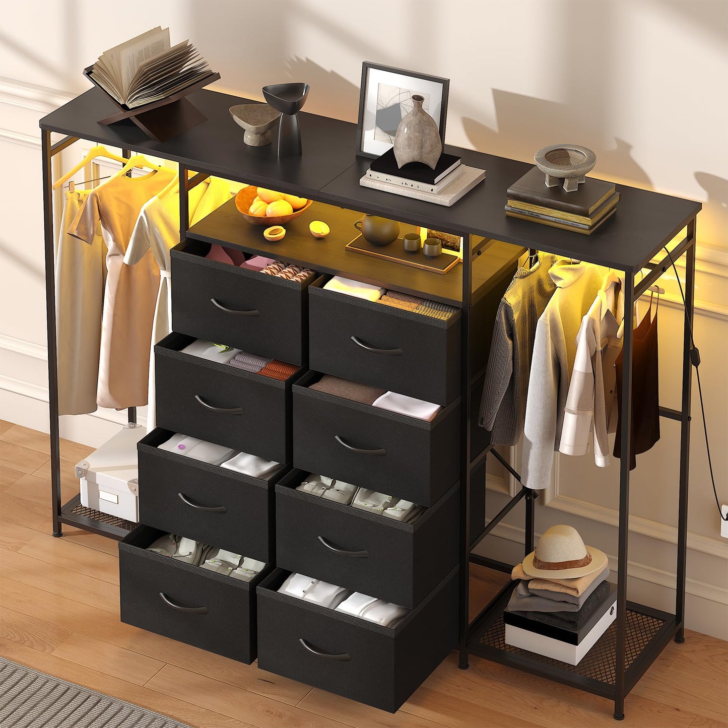 Feonase 8-Drawer Dresser for Bedroom with Hanging Rack, LED Lights, Fabric Drawers, Metal Frame & Wooden Top