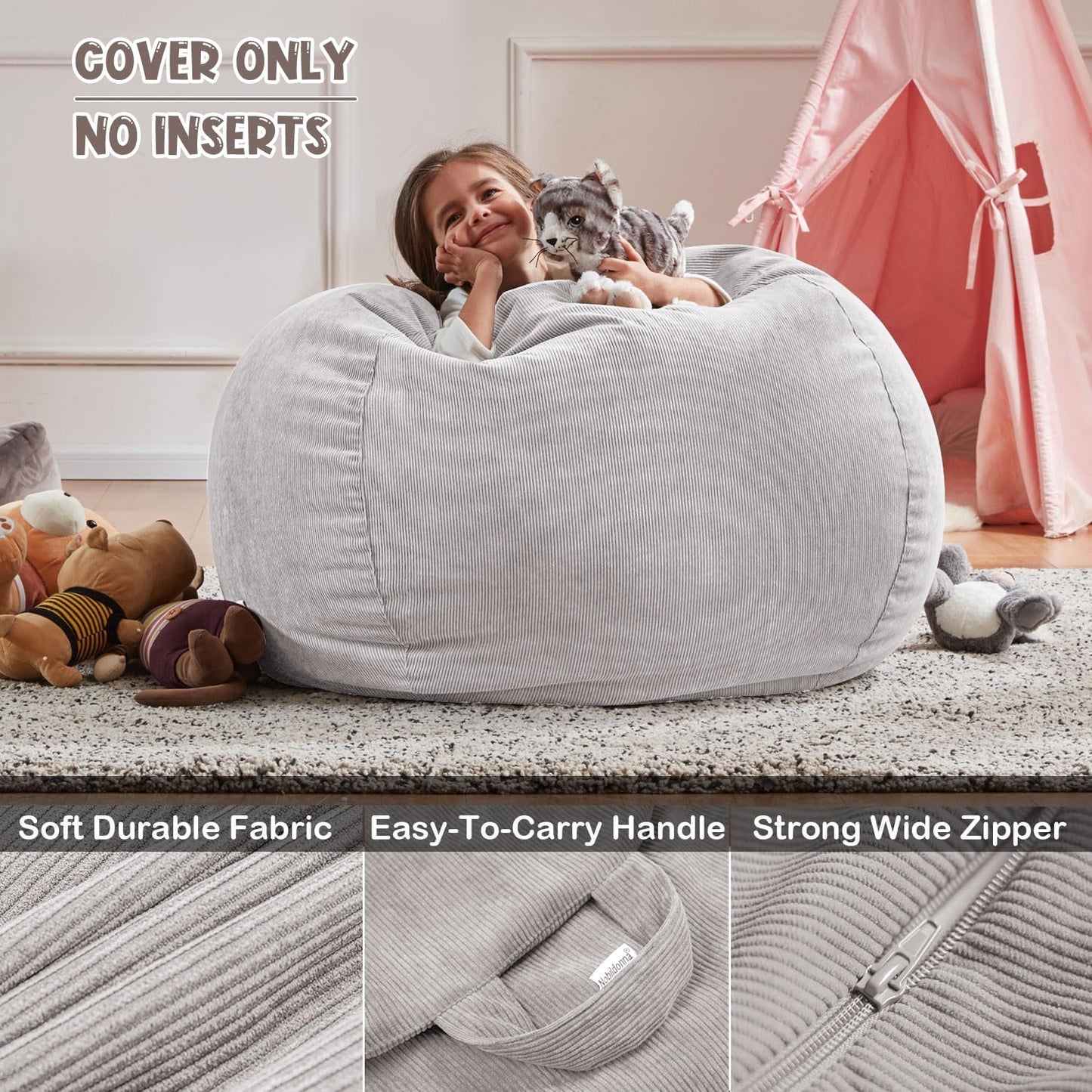 Nobildonna Bean Bag Chair Cover (No Filler) for Kids Beanbag Stuffed Animal Storage Without Filling Plush Toys Holder and Organizer Soft Premium