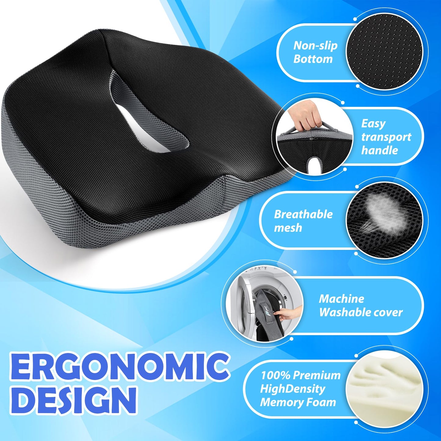 POOTACK Seat Cushion for Coccyx, Memory Foam Seat Cushion Ergonomic, Reduce Sciatica Hemorrhoid Tailbone Back Pain Chair Cushions, Support Seat Pads