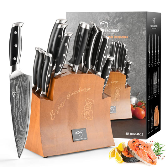 NANFANG BROTHERS Knife Set,16 Piece Damascus Kitchen Knife Set with Block,VG10 Steel Core with HRC 60 ? 2 Hardness,with Cooking