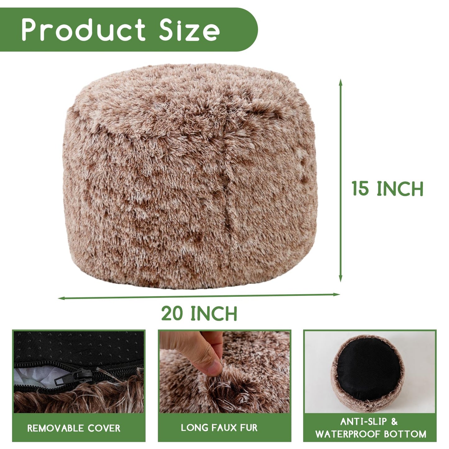 HIGOGOGO Faux Fur Beanbags Round Footstool Bean Bag Pouf with Foam Chunk Filling, 50 x 35 cm Floor Poufs Foot Rest for Living Room, Coffee