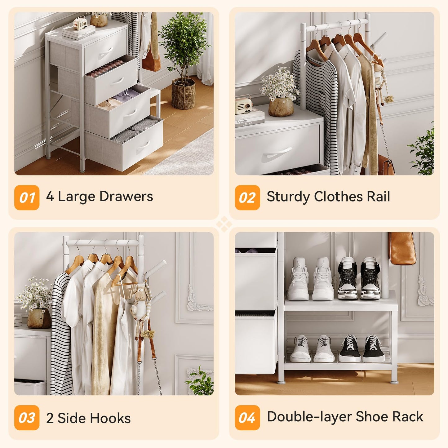 ODK 3 in 1 Chest of Drawers Bedroom, 4 Fabric Drawers, White, 30x75.5x120cm