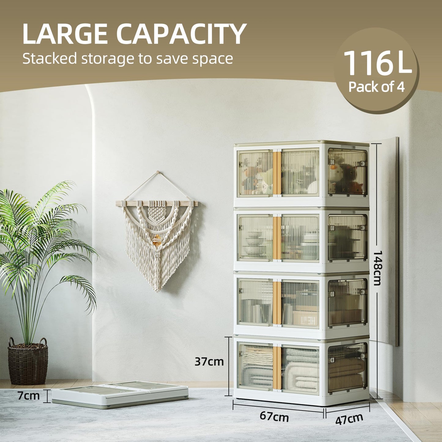 NETEL Storage Boxes With Lids, 4 x 116 L Plastic Storage Box with Lid, Stackable storage Boxes with wheels, Transparent Wardrobe Storage Organiser