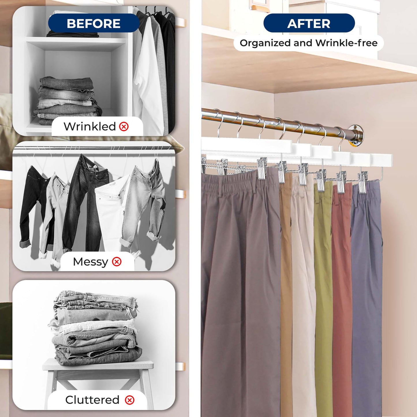 SereneLife 20pcs White Wooden Trouser Hangers, 35cm Anti-Slip Clips