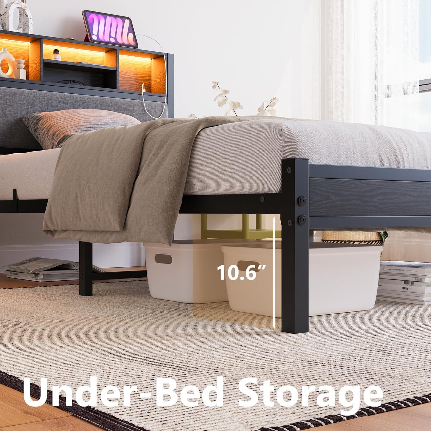 MUZERUL 3ft Single Bed Frame with Storage Shelf Upholstered Headboard, Heavy Duty Platform Bed Frame, Metal Bed with Charging Station and LED Lights