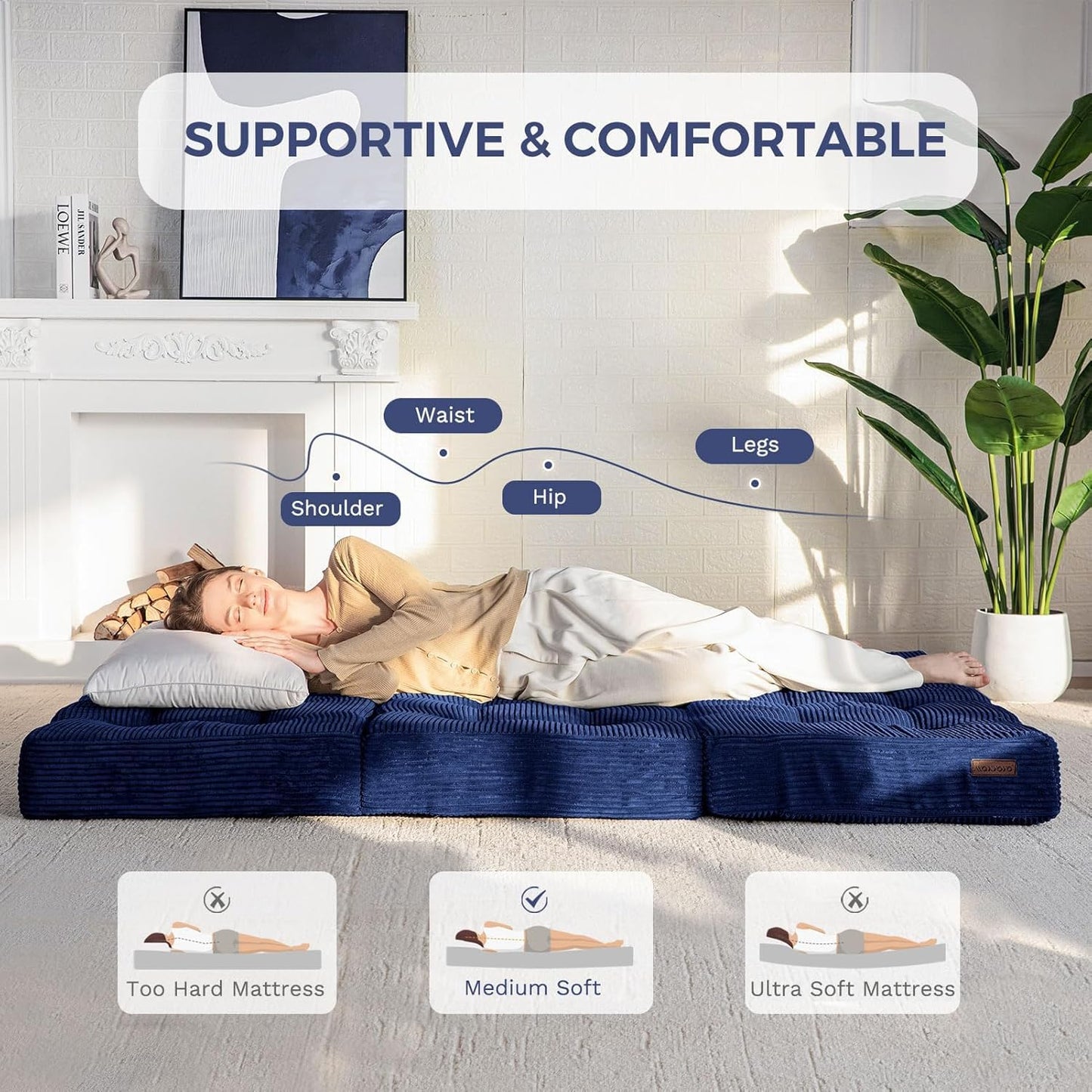 MAXYOYO Folding Mattress, Comfy Corduroy Foldable Mattress with 15cm Thicken Foam, Tri-Fold Floor Futon Sofa Bed for Guest,Dark blue,Single