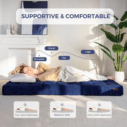 MAXYOYO Folding Mattress, Comfy Corduroy Foldable Mattress with 15cm Thicken Foam, Tri-Fold Floor Futon Sofa Bed for Guest,Dark blue,Single