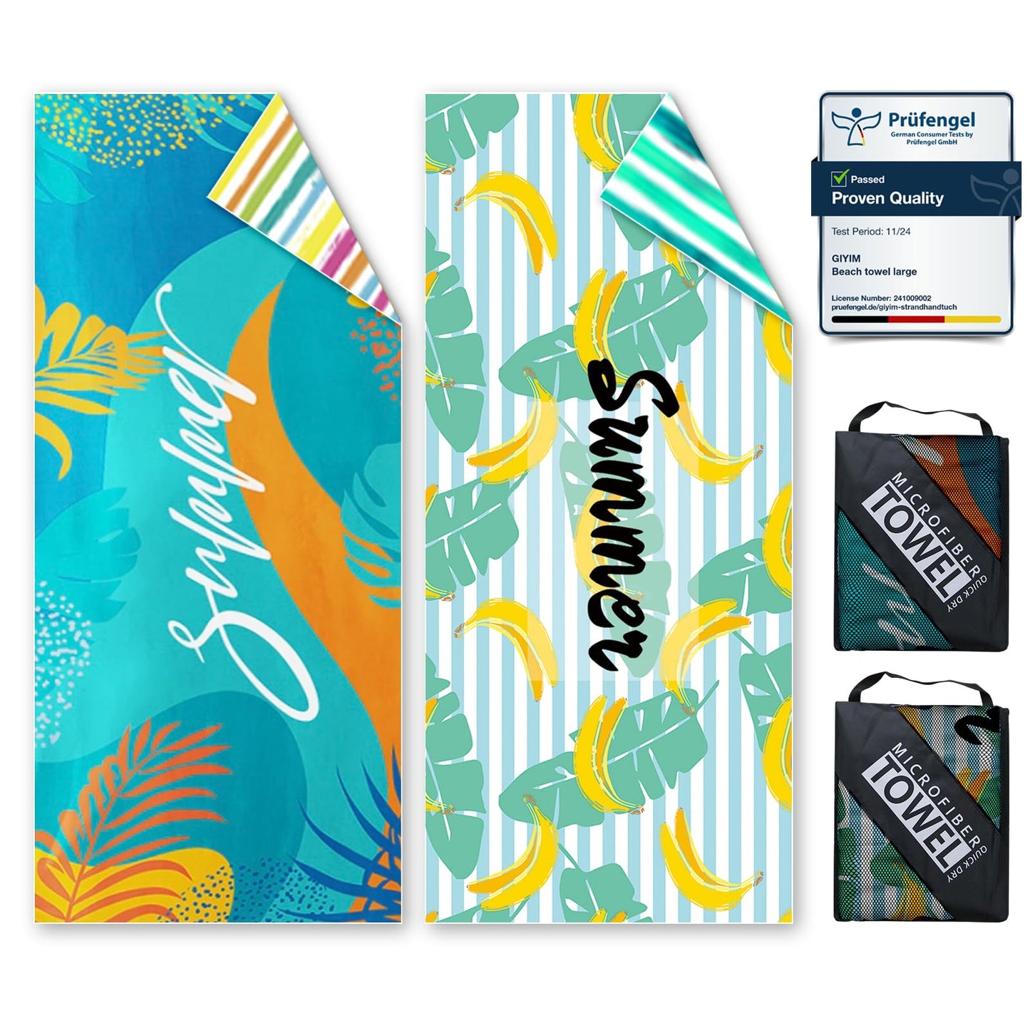 Beach Towels For Adults Extra Large - 2 Pack 200x90cm Lightweight microfibre beach towel with Mesh Bags