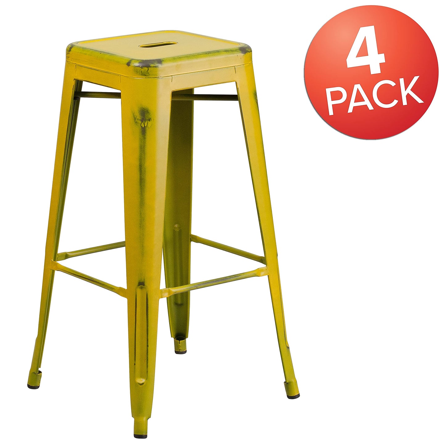 Flash Furniture Commercial Grade 4 Pack 30" High Backless Distressed Yellow Metal Indoor-Outdoor Barstool