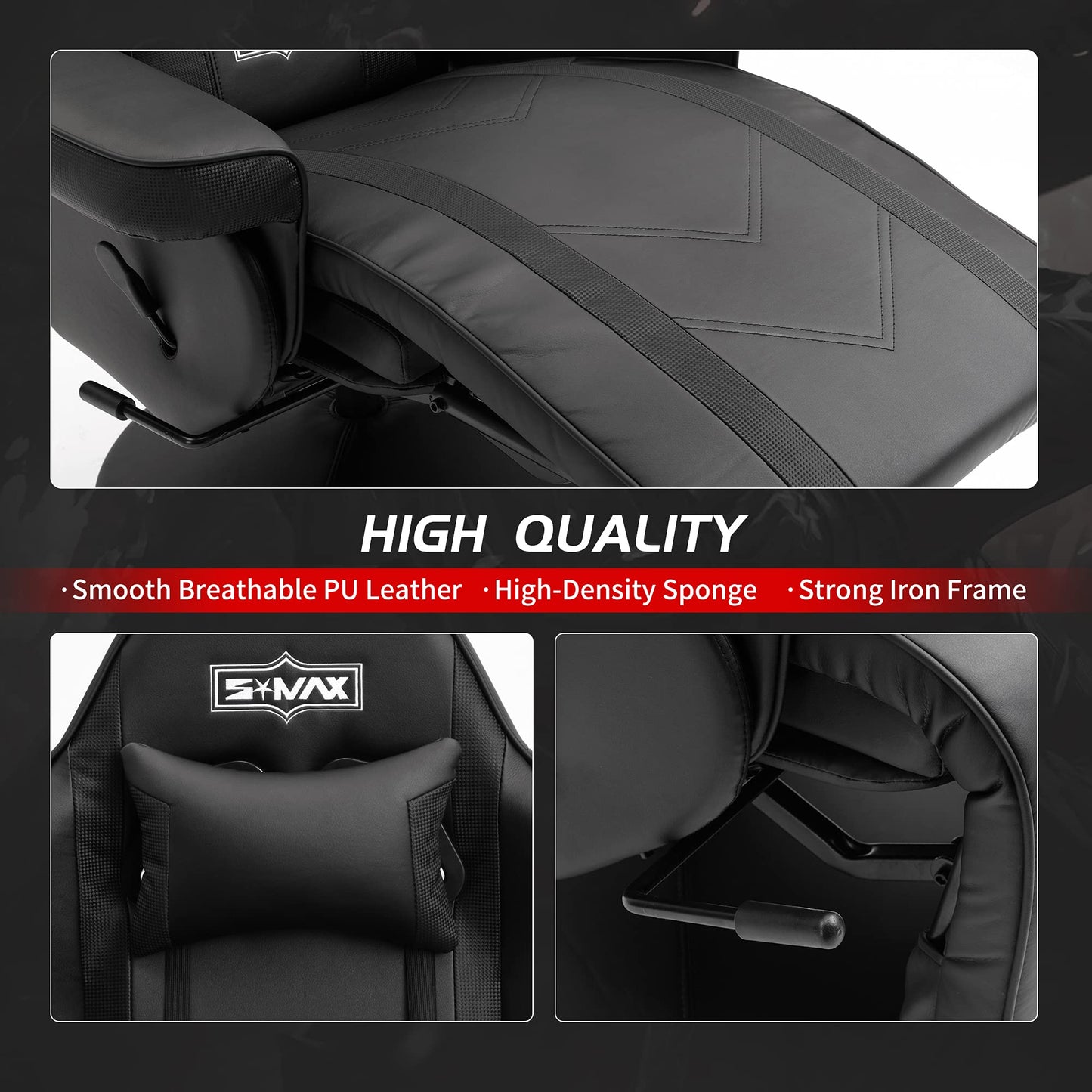 S*MAX Gaming Recliner Chair Ergonomic High Back Wide Lumbar Support Swivel PU Leather Cup Holder Adjustable Backrest Footrest Gaming Chair for Adults