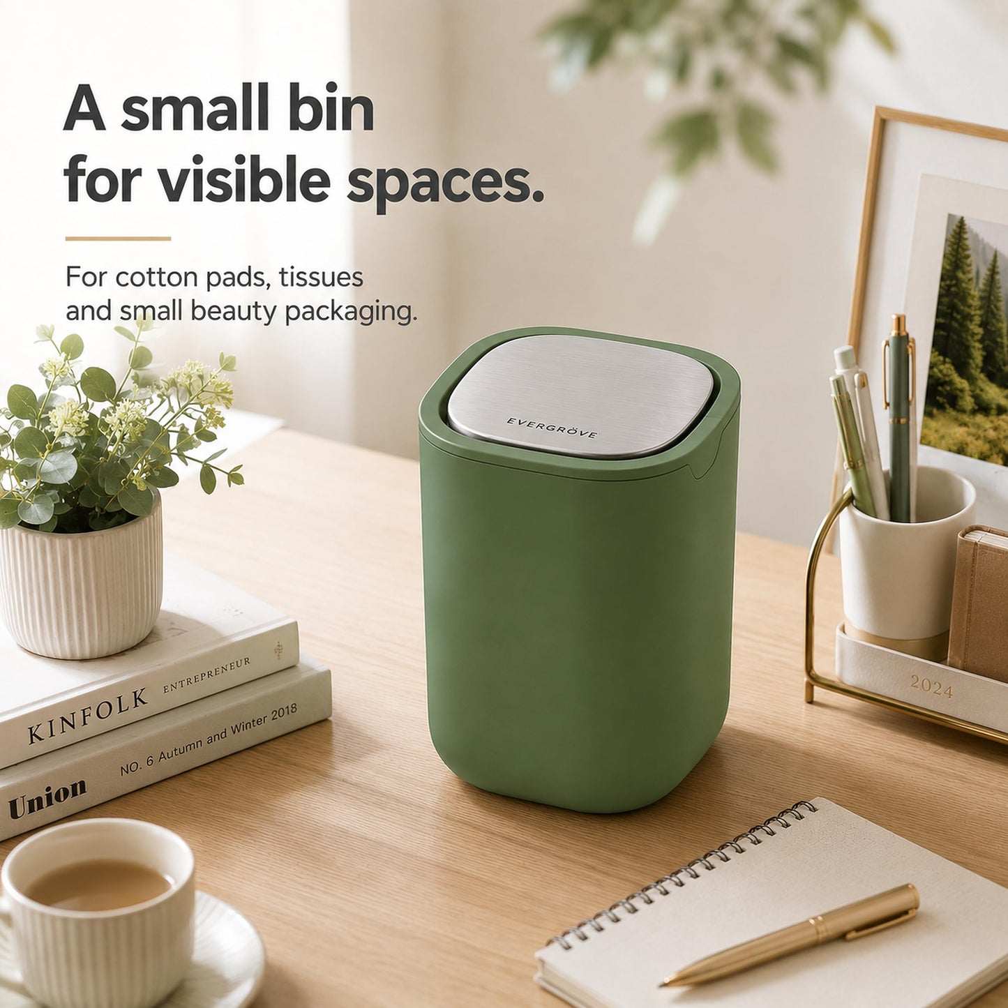 EverGrove Mini Table Bin,Desktop Trash Can (Canopy Green, 1.5, Litres)