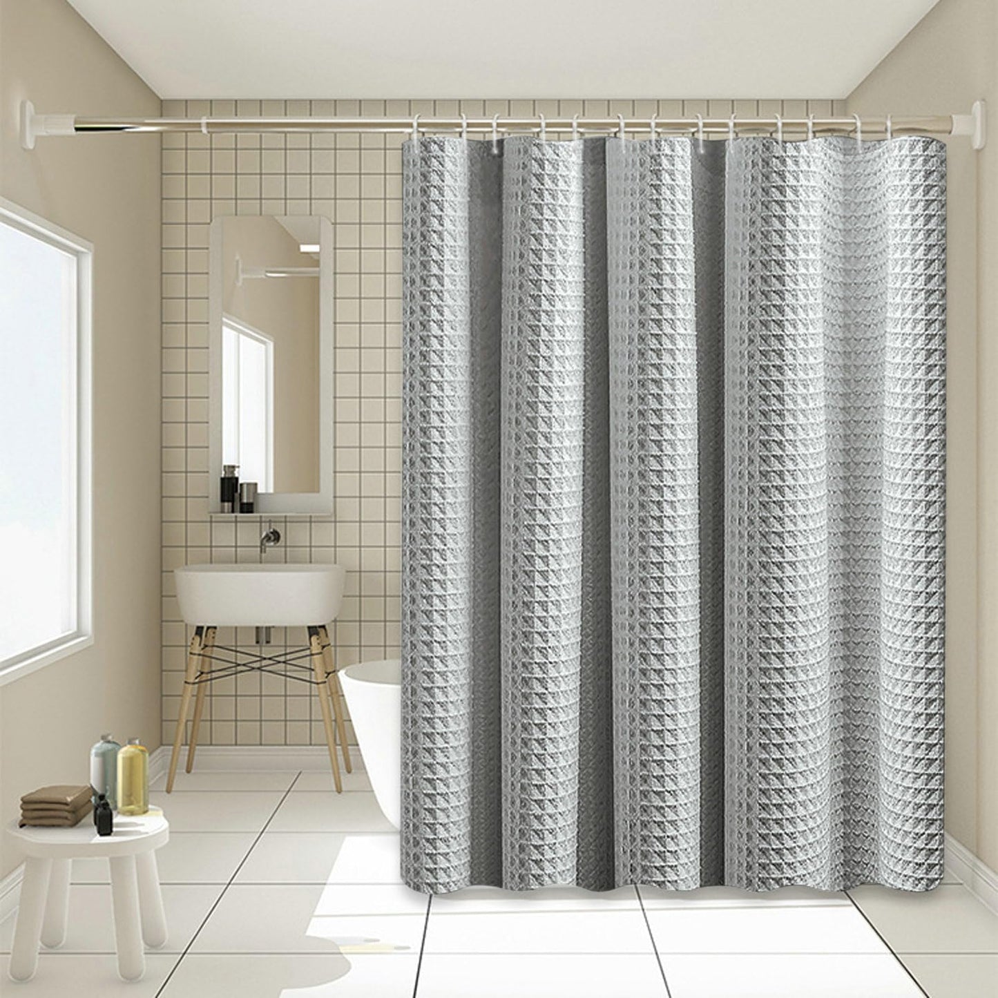Stfery Waffle Shower Curtain, Grey Shower Curtain, 100 x 180 cm, Fabric Washable Shower Curtain, Washable, Anti-Mould