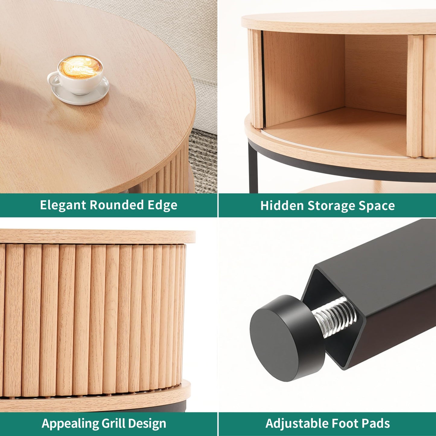 YITAHOME Round Coffee Table, Coffee Table with 2-Tier Storage Space, Fluted Coffee Tables with Tambour-Design Sliding Doors for Living Room