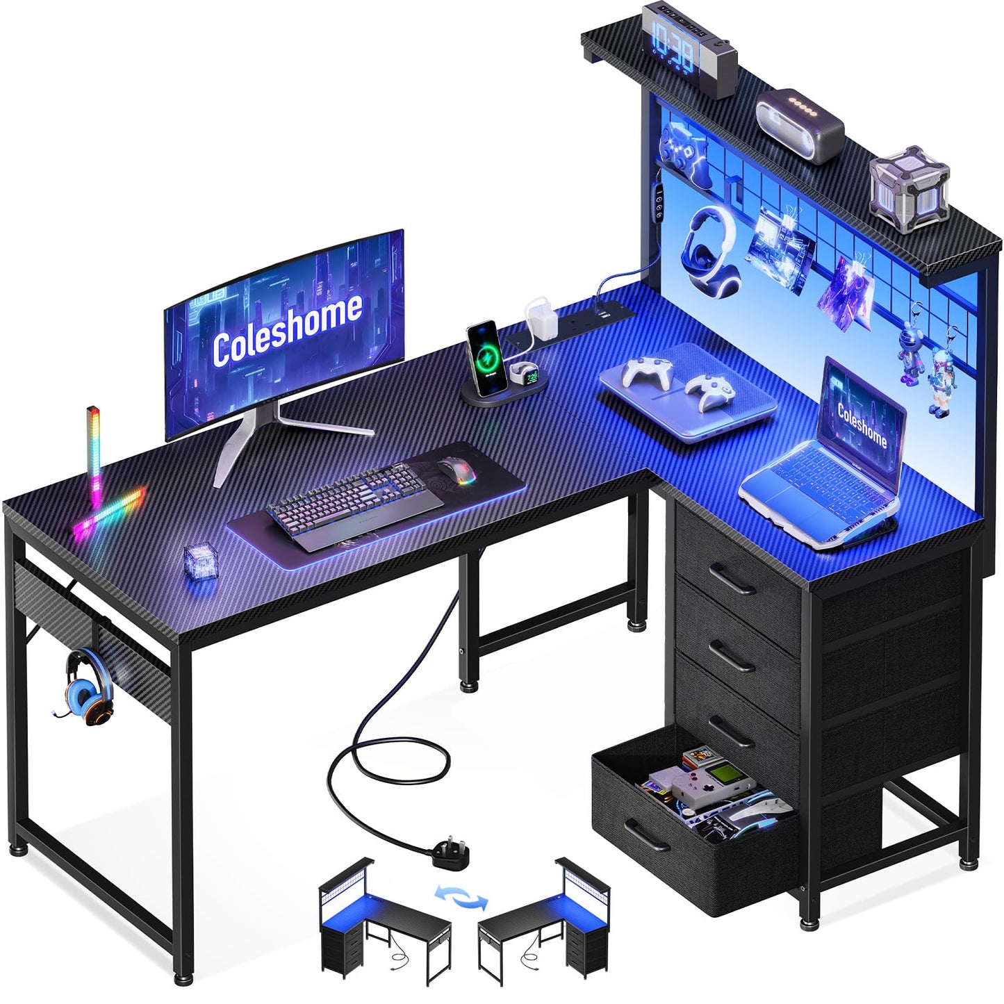 Coleshome L Shaped Gaming Desk with Drawers & Shelf, 110 × 80 cm