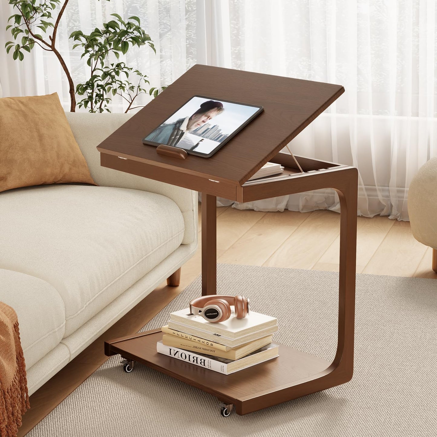 AQIMUELE Wooden C-Shaped End Table,Couch Table with Adjustable Desktop,Small Rolling Side Table with 2 Lockable Wheels 60 Width,Small End Table for