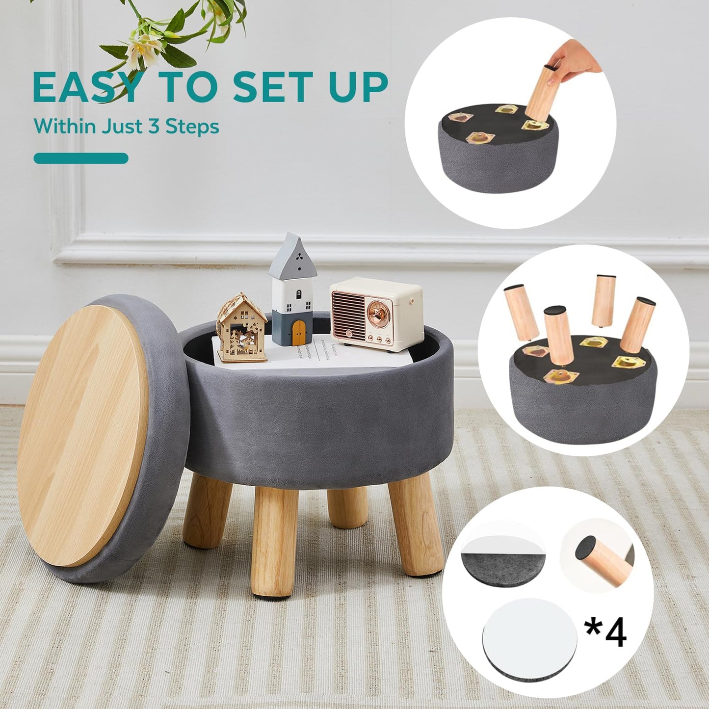 BRIAN & DANY Footstool with Storage, Small Storage Ottoman, Velvet Round Stool with Lid, Foot Stool with Legs for Living Room Entryway, Gray