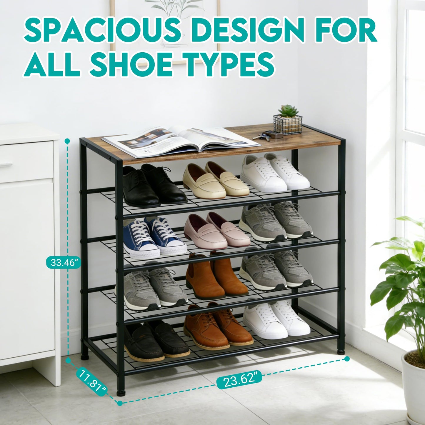 ZOESTORAGE Shoe Rack,5 Tier Shoe Racks for 16 Pairs,Metal Shoe Rack With Wooden Seat for Hallway, Entryway, Living Room,60 x 30 x 85cm,Rustic Brown