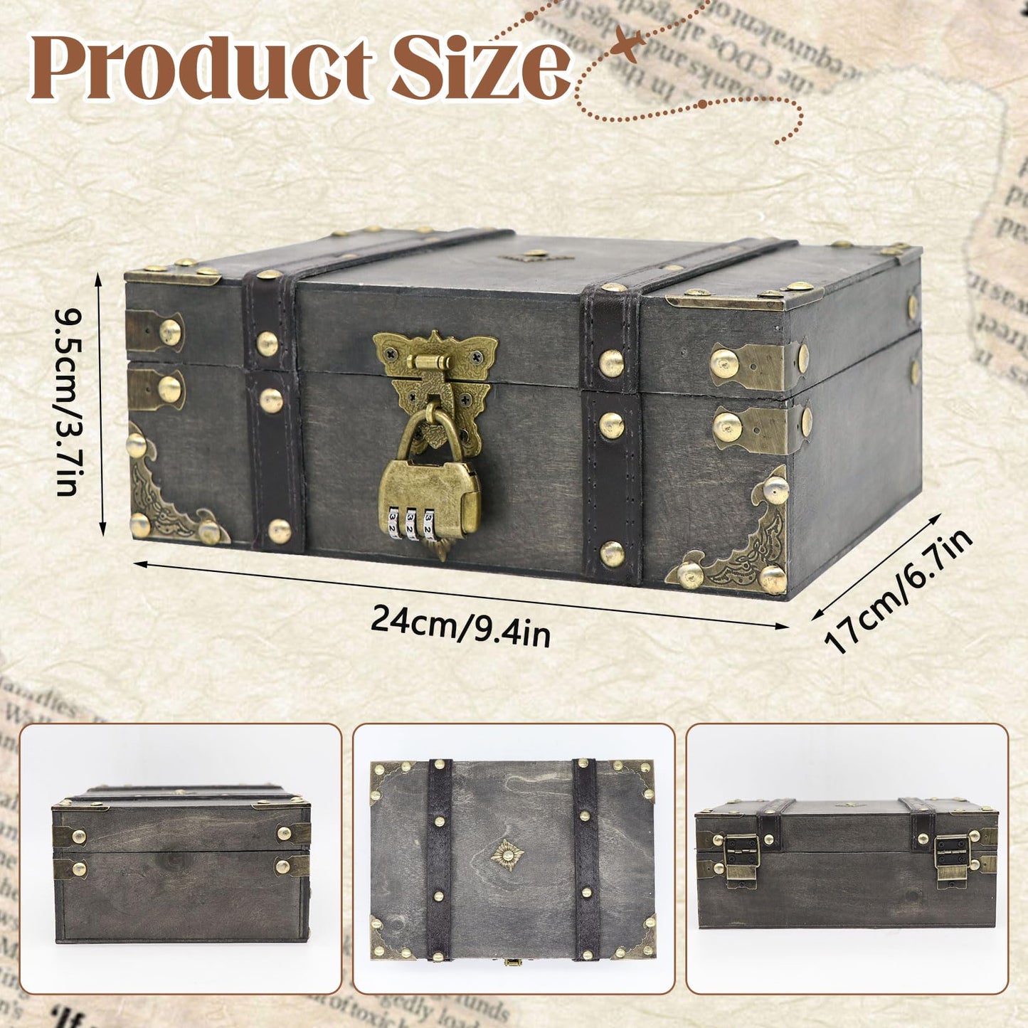Forbabe Wooden Treasure Chest 24 x 17 x 10 cm - Vintage Treasure Chest with Lock