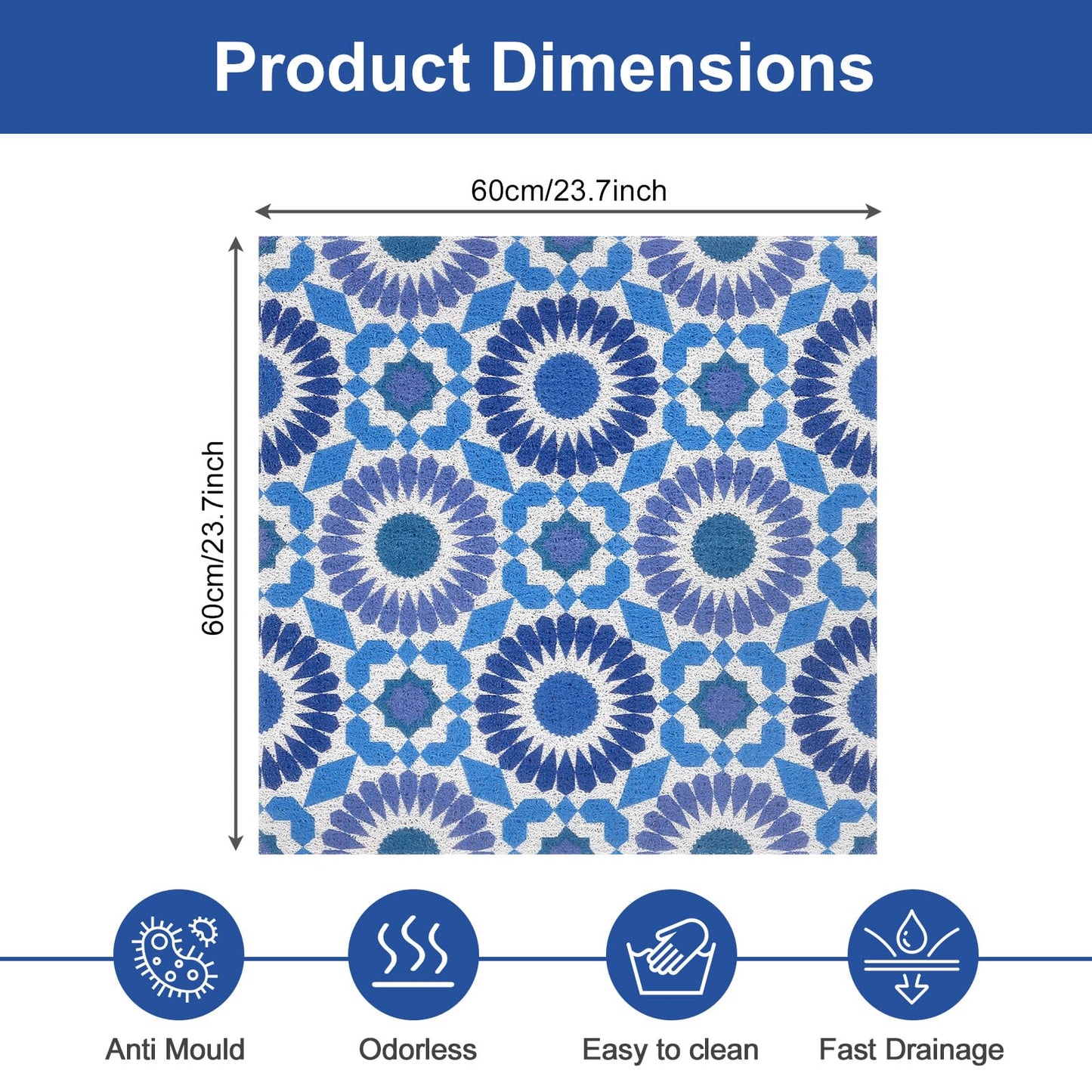 Square Shower Mat 60x60 cm, Loofah Shower Mats for Inside Shower, Non Slip Anti Mould Bath Mat