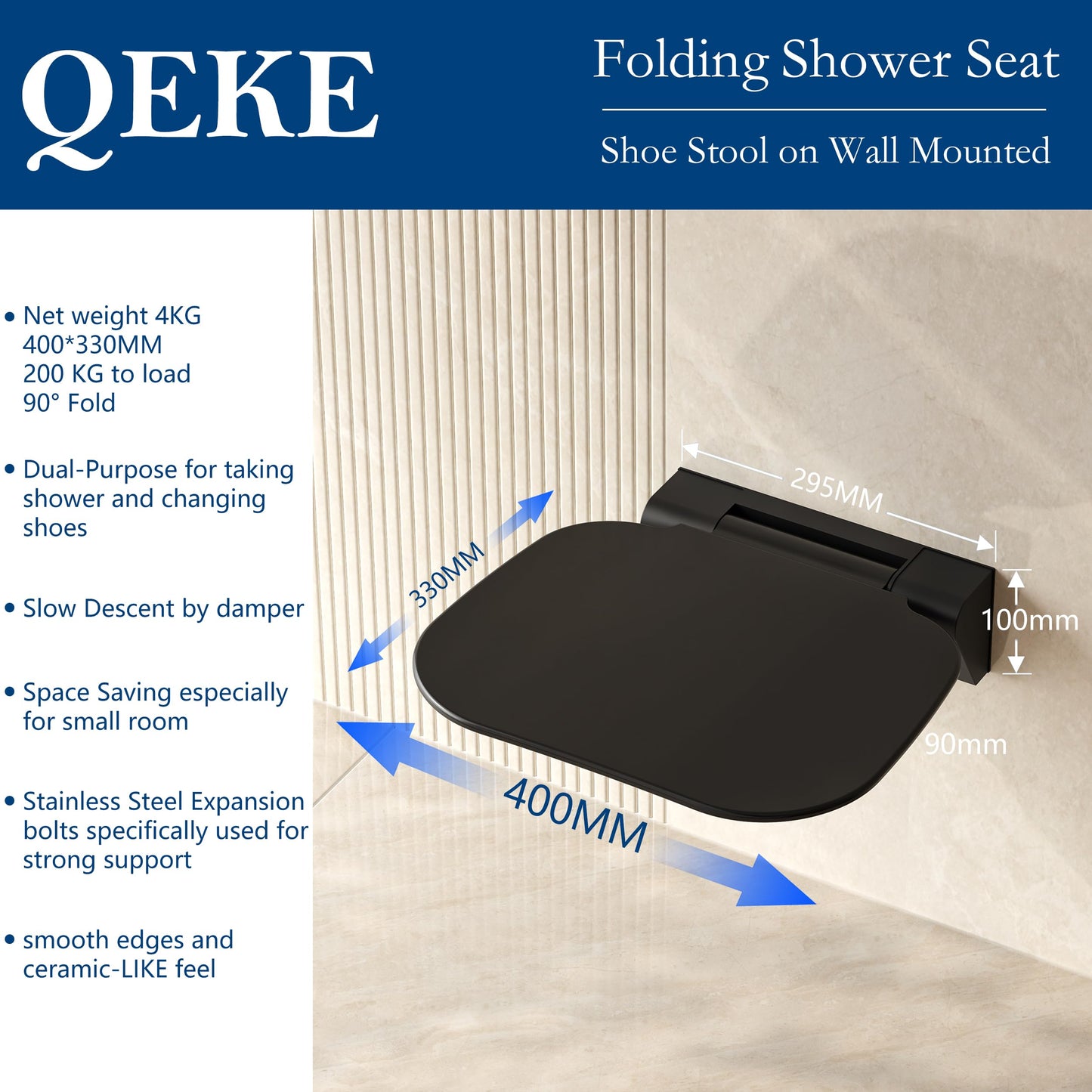 QEKE Foldable Shower Seat Wall Mounted, Bathroom Folding Chair for Saving Space, also as Shoe-Changing Stool, Black