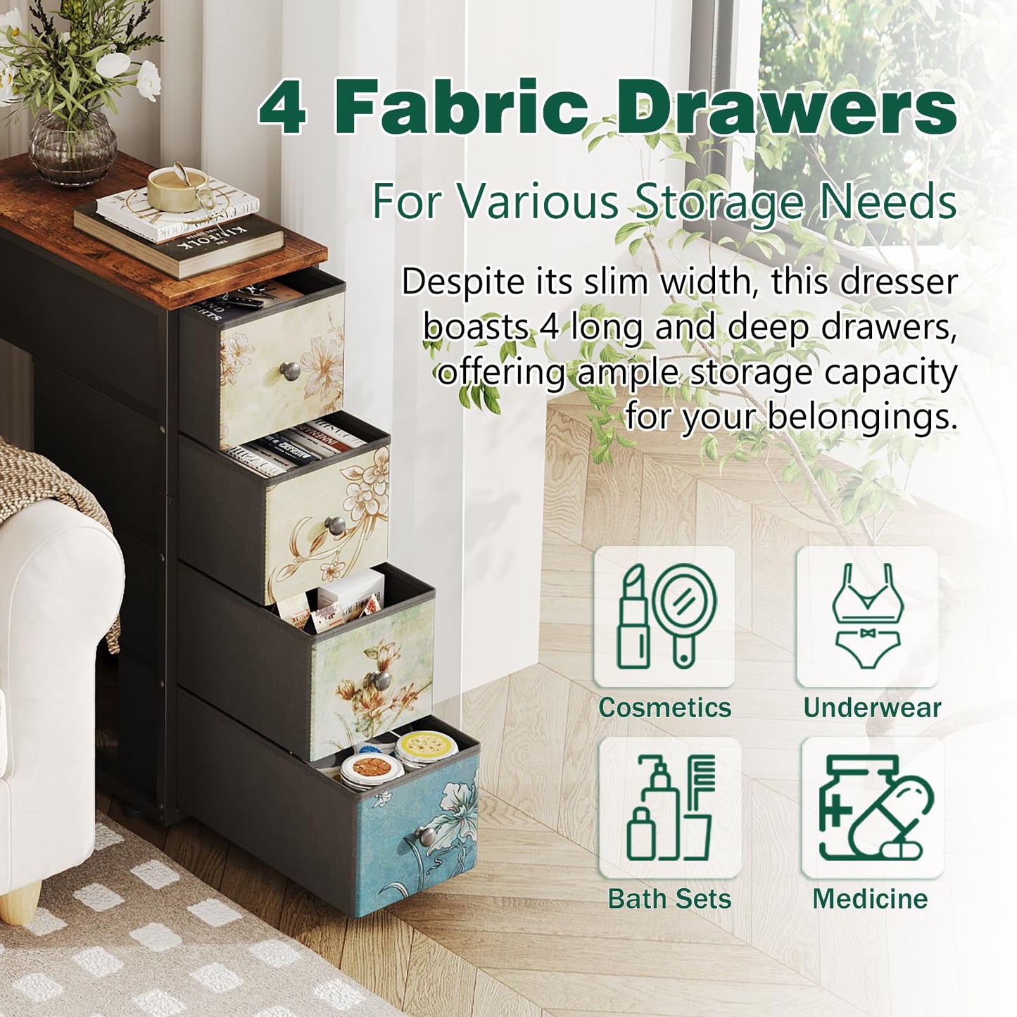COTUBLR Chest of Drawers with 4 Drawers Tall Dresser for Bedroom Retro Floral Pattern Clothes Storage Organiser Unit for Living Room Entryway Closet