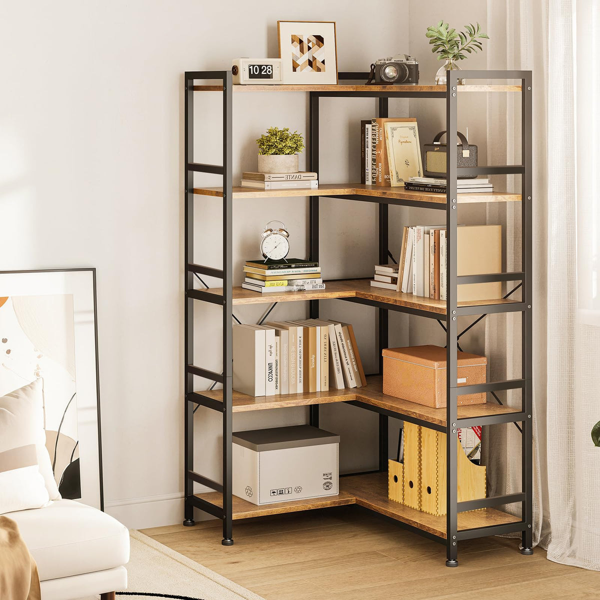 Coleshome 5-Tier L-Shape Corner Bookcase, 145.5cm, Brown