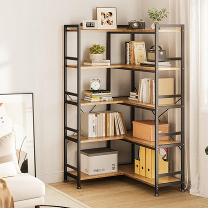 Coleshome 5-Tier L-Shape Corner Bookcase, 145.5cm, Brown