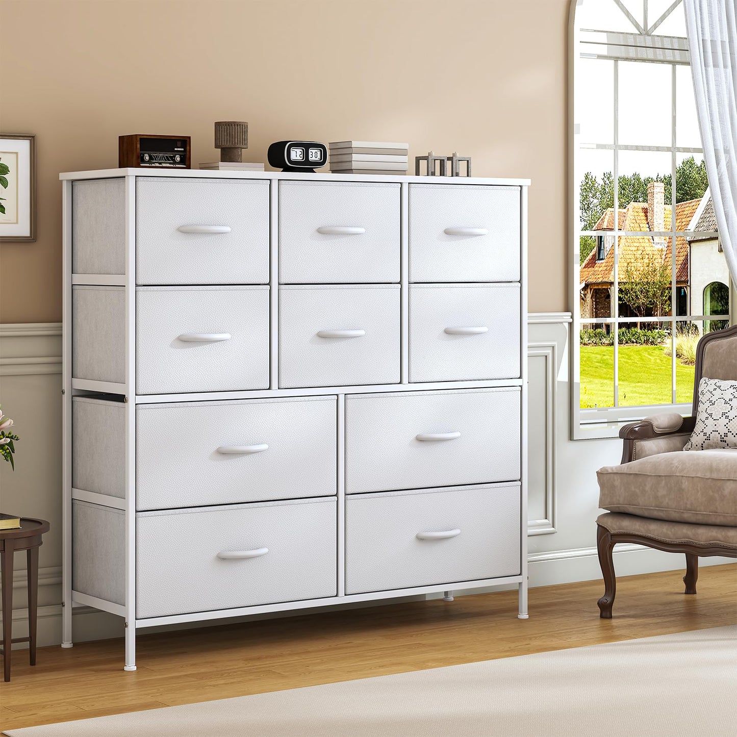 Feonase Chest of Drawers, Bedroom Tall Dresser with 10 Fabric Drawers, Metal Frame & MDF Wood Top, Adjustable Feet