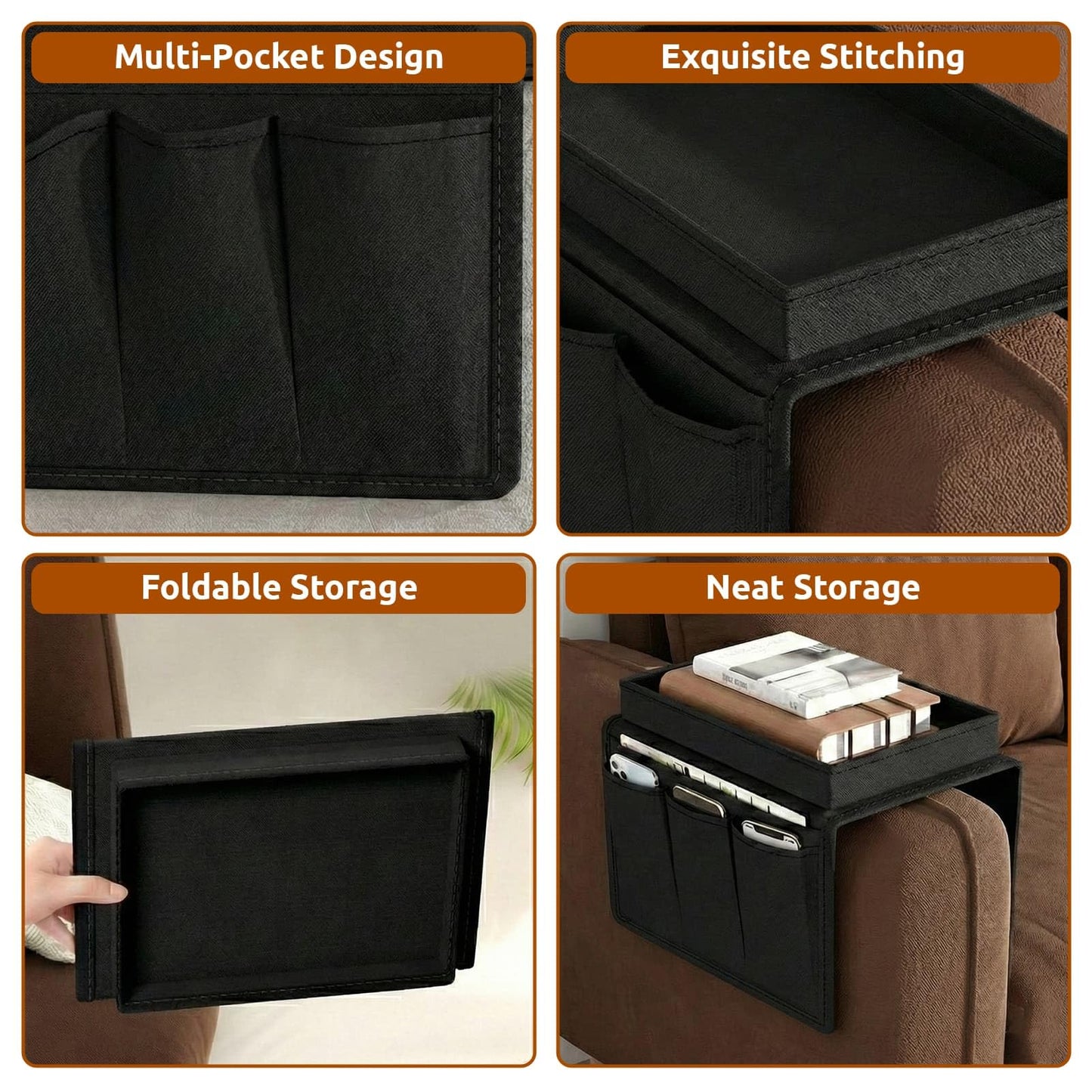 Jovrelant Sofa Armchair Tray Organizer Waterproof Non-Slip Couch Cup Holder with 4 Pockets for TV Remote Control, Snacks & Drinks Storage