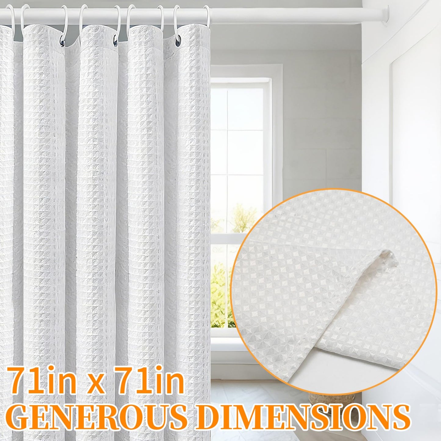 MospdyGear Water and Mould Proof Shower Curtain, White Waffle Weave Machine Washable 180x180cm with Hooks, Easy Clean Bathroom Decor